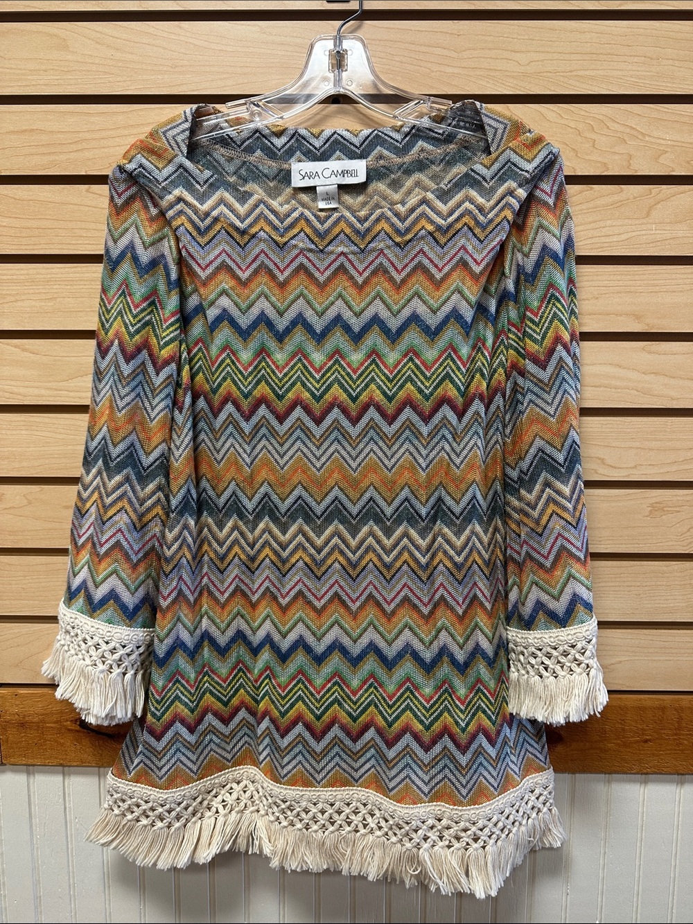 Sara Campbell Multicolor Chevron Knit Tunic with Fringe Trim